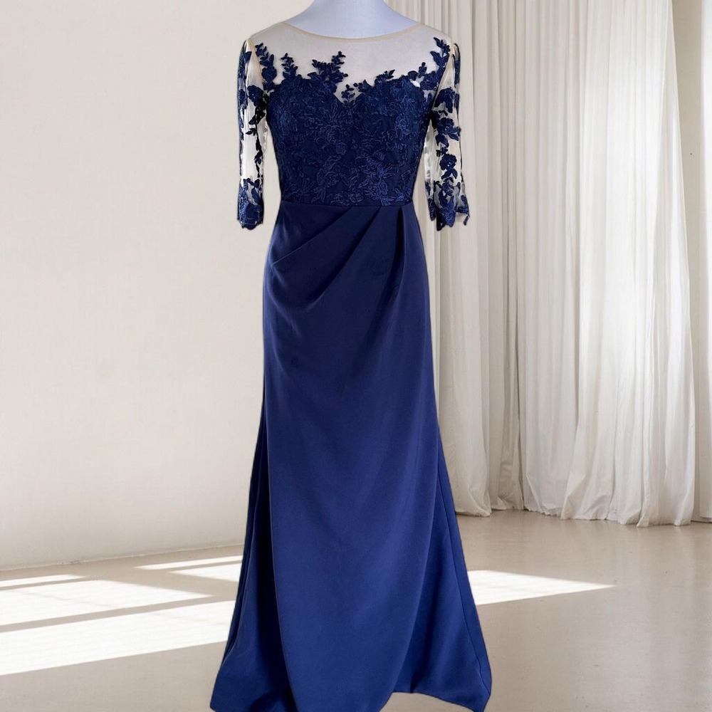 MISSACC Navy Blue Lace Illusion Neckline Formal Evening Gown Dress‎ NWT